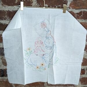 Vintage Homemade Hand‎ Embroidered Girl in a Hat Playing with a Doll
